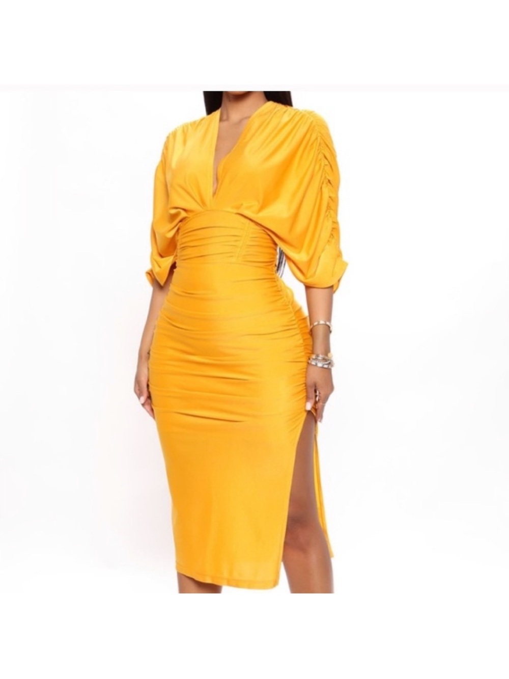 Fashion Nova Mustard Yellow Ruched Midi Dress with Side Slit